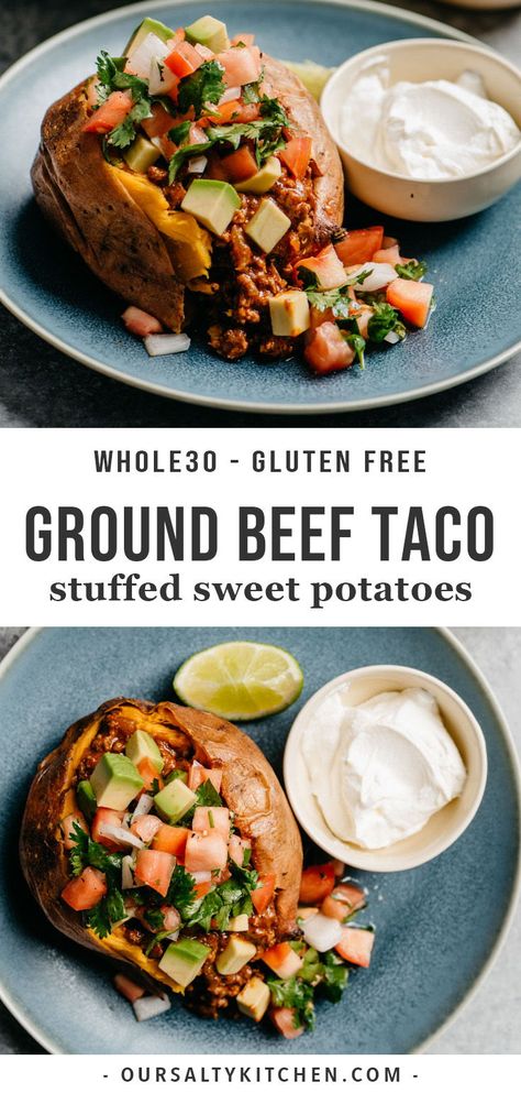 Taco Stuffed Sweet Potato, Oven Baked Sweet Potatoes, Ground Beef Taco Meat, Beef Taco Meat, Sweet Potato Nutrition, Slow Cooker Balsamic Chicken, Dinosaur Food, Clean Dinner Recipes, Nutritious Dinner