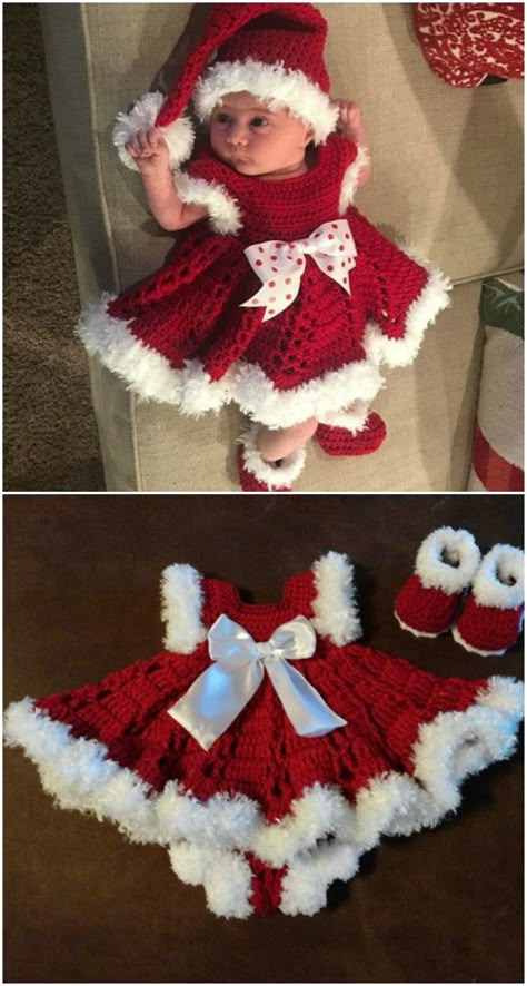 Crochet Baby Dress Free Pattern, Crochet Newborn Outfits, Crochet Baby Costumes, Crocheted Christmas, Crochet Baby Girl Dress, Crochet Baby Dress Pattern, Baby Frock Pattern, Crochet Santa, Crochet Baby Girl