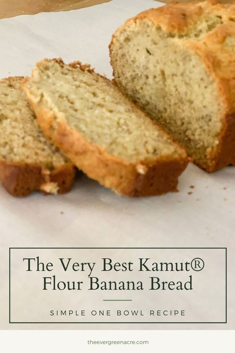 Banana bread slices on parchment paper Healthy Gluten Free Banana Bread, Pudding Banana Bread, Banana Bread From Scratch, Banana Bread Healthy, Gf Bread Recipe, Ancient Grains Recipes, Kamut Flour, Bread Banana, Flours Banana Bread