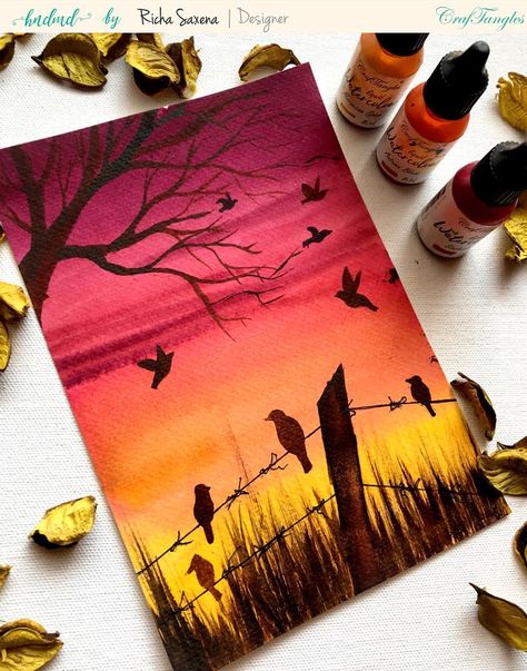 Farm Sunset, Sunset Canvas Painting, Watercolor Sunset, Watercolor Paintings Easy, Small Canvas Art, Simple Acrylic Paintings, Watercolor Art Lessons, Nature Art Painting, Easy Watercolor