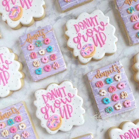 Donut Party Cookies, Donut Grow Up Cookies Decorated, Donut Grow Up Cookies, Donut Cookies, Up Cookies, Candy Theme Birthday Party, Donut Themed Birthday Party, Ginger Baker, First Birthday Cookies