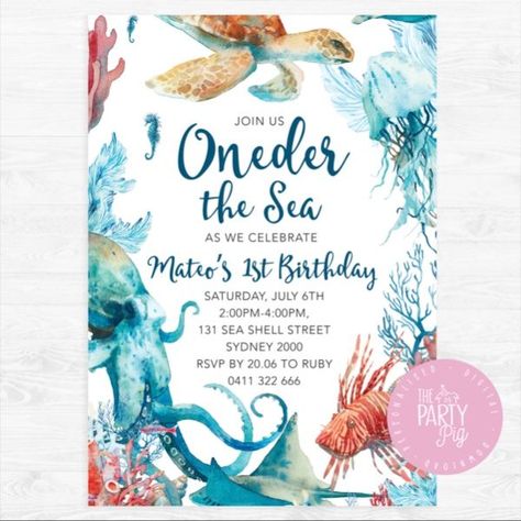 Affordable digital invitations! Oneder The Sea, Ocean Theme Birthday, 1st Birthday Signs, Under The Sea Birthday Party, Ocean Birthday Party, Boys 1st Birthday Party Ideas, Ocean Birthday, Under The Sea Birthday, 1st Birthday Party Themes