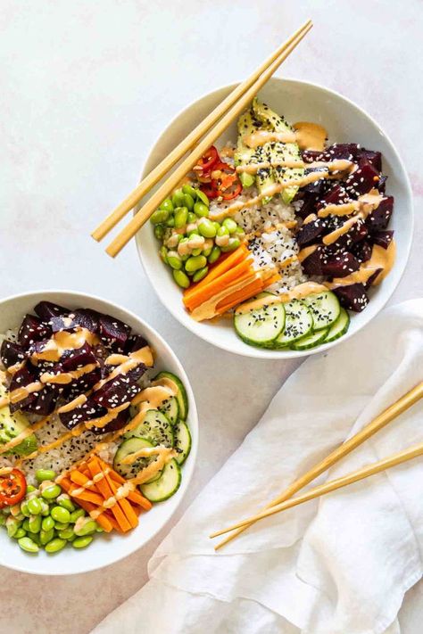 Beet Poke Bowl, Beet Poke, Marinated Beets, Vegan Poke Bowl, Budha Bowls, Vegan Poke, Cook Vegetarian, Gluten Free Recipes For Lunch, Protein Bowl