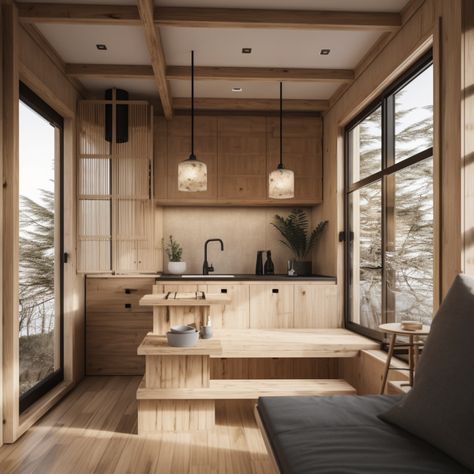 Japandi meets tiny house: the perfect match! Japandi Interiors Small Space, Japandi Tiny House, Micro House Interior, Tiny Apartment Interior, Best Tiny House Layout, Japanese Kitchen Design Small, Japanese Style Tiny House, Japandi Exterior, Tiny House Kitchen Ideas