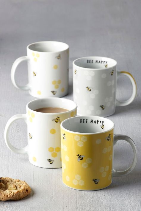 Bee Cup, Bee Utiful, Ochre Yellow, Yellow Bee, Coffee Cup Set, Bee Print, Bee Design, Bee Happy, Pottery Painting