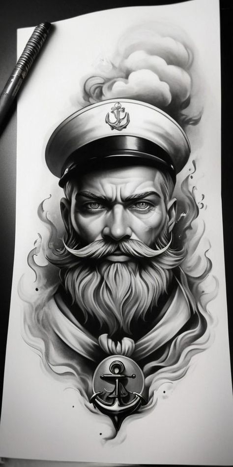 Sailor Man Tattoo, Pirate Ship Tattoo, Modern Art Tattoos, Tattoo 2023, Poseidon Tattoo, Sailor Tattoo, Pirate Tattoo, Man Tattoo, Samurai Tattoo Design