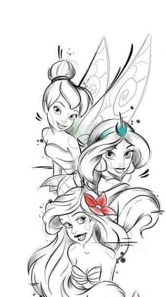 Disney Characters Tattoos, Cute Disney Tattoos, Disney Princess Sketches, Character Tattoo Ideas, Tattoo Chart, Tinker Bell Tattoo, Disney Inspired Tattoos, Tattoos Disney, Disney Sleeve Tattoos