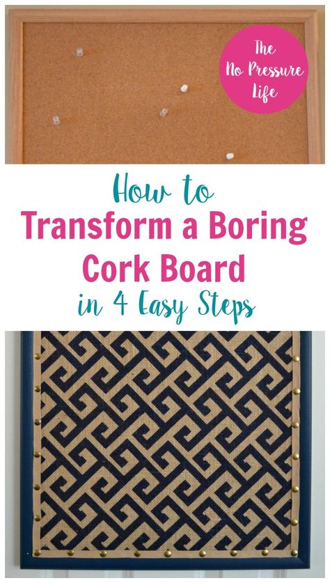 Learn how to cover a cork board with fabric and ribbon in this simple tutorial. This DIY cork board makeover is so easy! Just 4 steps and you'll have a pretty bulletin board with nailhead trim to display artwork, photos, or important papers. It's is a great way to organize your command center! Learn how to make it yourself. via @nopressurelife #corkboard #bulletinboard #crafts Cork Board Makeover, Fabric Bulletin Board, Diy Cork Board, Diy Bulletin Board, Diy Cork, Display Artwork, Displaying Kids Artwork, Cork Diy, Command Center