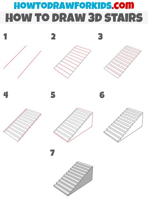 how to draw 3d stairs step by step How To Draw In 3d Step By Step, How To Draw Stairs Step By Step Easy, How To Draw Stairs Step By Step, 3d Stairs Drawing, 3d House Drawing, Stairs Drawing, 3d Stairs, Practice Drawing Shapes, 1 Point Perspective Drawing