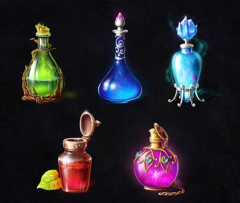 ArtStation - Magic potion bottles, Anna Emelyanova Magic Potion Bottles, Magic Potions, Bottle Drawing, Magic Bottles, Potion Bottles, Props Art, Magic Potion, Fantasy Props, Game Props