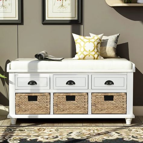 Longshore Tides Darr Drawer Storage Bench | Wayfair Rustic Storage Bench, White Storage Bench, Shoe Bench Entryway, Rattan Baskets, Bench With Drawers, Rustic Storage, Upholstered Storage Bench, Living Room Entryway, Shoe Bench