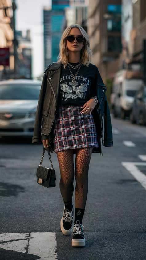 10 Cute Edgy Outfits Inspiration You Will Love! – fashionbylina.com Streetwear Fashion Edgy, Street Concert Outfit, Rock Chic Style Outfits, Alt Women Outfits, Grunge Outfits 2024, Preppy Punk Outfits, Grunge Christmas Outfit, Feminine Goth Outfit, Classy Grunge Outfits