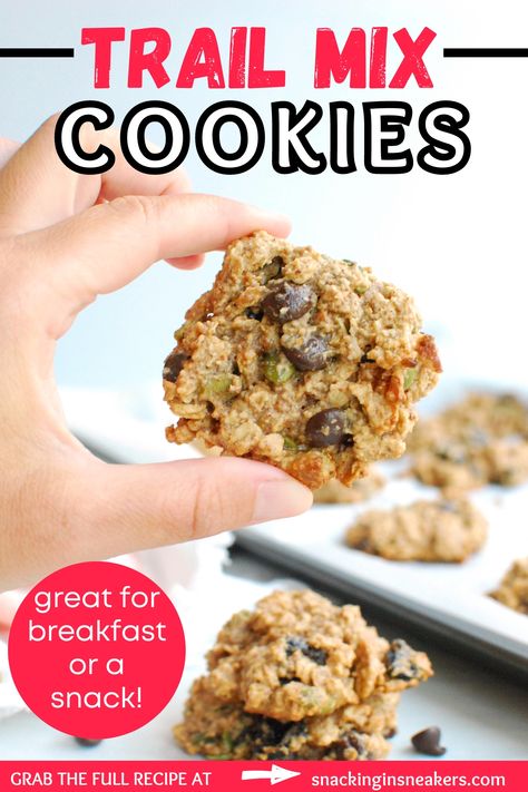 A woman's hand holding a trail mix cookie with a text overlay with the name of the recipe. Oats For Breakfast, Trail Mix Cookies, Breakfast Cookie, Breakfast Cookie Recipe, Breakfast Cookies Healthy, Cookie Snack, Oats Breakfast, Egg Muffins, Pancakes Healthy