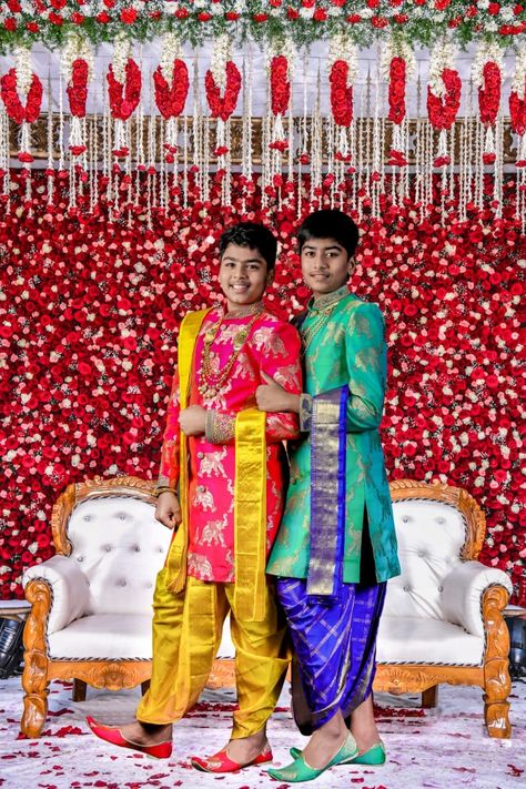 Half Saree And Dhoti Function Decoration, Dhothi Function For Boys Stills, Panchala Function Boys, Dhothi Function For Boys Decoration, Dhoti Function For Boys, Dothi Function For Boys, Dhoti Ceremony For Boys, Family Matching Outfits Indian, Dhoti Function