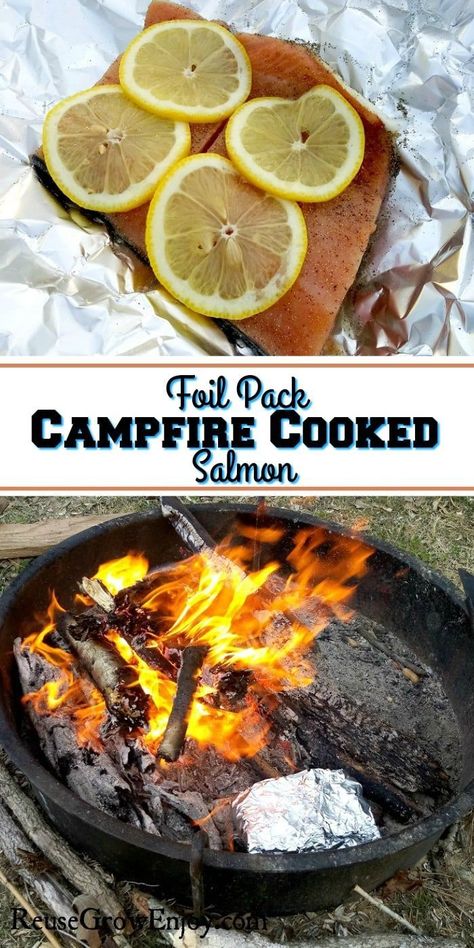 If you like salmon and are looking for meal ideas while you are camping, here is one for you. It is a recipe for foil pack campfire cooked salmon. A super simple recipe that you cook right in the campfire. Cooking Fish Over Campfire, Campfire Tin Foil Meals, Camping Salmon Foil Packets, Campfire Salmon Foil Packets, Camping Fish Recipes, Salmon Camping Recipe, Campfire Fish Recipes, Tin Foil Salmon, Campfire Salmon