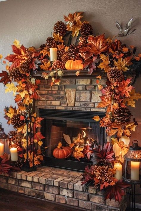 Brick Fireplace Mantle Decor, Fall Christmas Tree, Fall Porches, Fall Interior Design, Diy Fall Decor Ideas, Autumn Celebration, Fall Aesthetics, Diy Fall Decor, Fall Fireplace