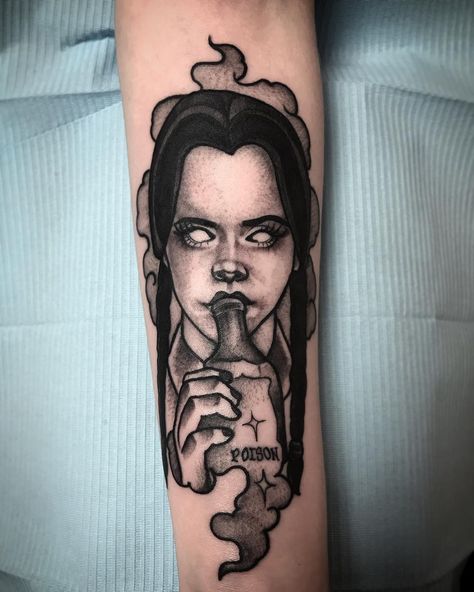 Wednesday Addams tattoo Wednesday Addams Tattoo Ideas, Addams Family Tattoo, Wednesday Addams Tattoo, Black Panther Tattoo, Panther Tattoo, Carolyn Jones, Wednesday Adams, Student Christmas Gifts, Creepy Tattoos