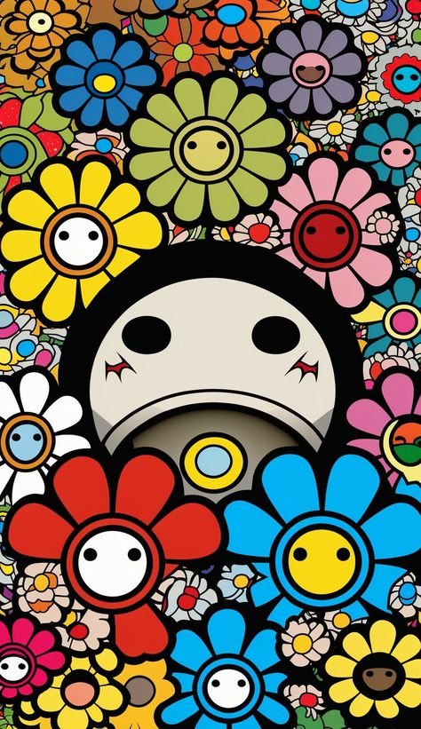 Introducing a stunning canvas art piece created in the signature style of Takashi Murakami - one of the most celebrated artists of our time. This piece features the iconic flower faces that have become synonymous with Murakami's playful and colorful aesthetic. The faces are rendered in vivid colors and intricate patterns, creating a sense of movement and joy that is truly infectious. This piece captures the spirit of Murakami's vision - one that blends pop culture references with traditional Jap Takashi Murakami Art Paintings, Murakami Art, Takashi Murakami Art, Murakami Flower, Superflat, Art Alevel, Vintage Poster Design, Colorful Aesthetic, Traditional Japanese Art