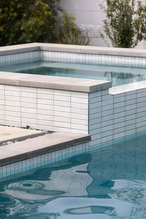 Pool Tile Waterline, Vertical Pool, California Pool, Waterline Pool Tile, Cement Pools, Pool Tile Designs, Pool Makeover, California Pools, Geometric Pool