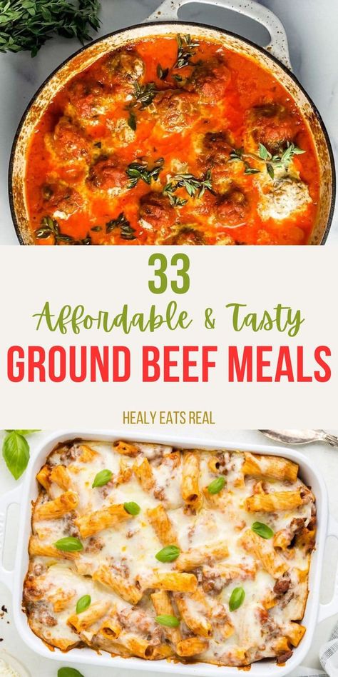 33 Ground Beef Meals that are Delicious and Affordable - Ground beef is the ultimate comfort staple—budget-friendly, filling, tasty, and familiar in the kitchen. But it's easy to fall into a recipe rut. Shake things up with this exciting collection of ground beef recipes! From the cheesy bliss of a Cheeseburger Tater Tot Casserole to quick-fix eats like One-Pan Ground Beef Alfredo Pasta, these dishes bring excitement back to your table with dynamic flavors.  via @healyeatsreal Fall Recipes With Ground Beef, Quick Healthy Ground Beef Recipes, Creative Ground Beef Recipes, Ground Beef Alfredo Pasta, Beef Alfredo Pasta, Ground Beef Alfredo, Beef Alfredo, Ground Beef Meals, Grain Free Bread Recipe