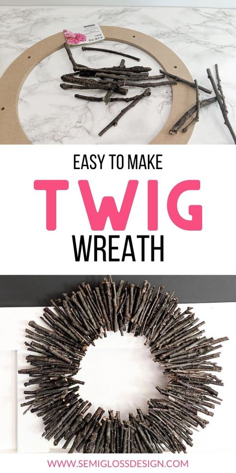 How To Make A Twig Wreath, Stick Christmas Wreath, Diy Stick Wreath, Twig Wreath Diy, Diy Twig Decor, Twig Crafts Diy, Twig Wreath Ideas, Rustic Wreath Ideas, Diy Twig Wreath