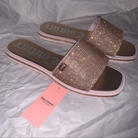 New With Tag. No Box. Juicy Couture Yasha Sandal Rose Gold Wj04282w Rhinestones Size 8 Sparkly Chanclas, Pewter Heels, Gold Slides, Pretty Sandals, Juicy Couture Shoes, Rosa Gold, Pretty Shoes Sneakers, Couture Shoes, Girly Shoes