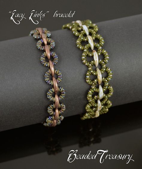 Free Beading Pattern - Lacy Links Bracelet | BeadedTreasury Toho Demi Round Patterns, Toho Beads Bracelet Pattern, Beaded Bracelet Tutorials Free, Two Hole Bead Patterns Free, Beaded Bead Pattern, Crescent Beads Pattern Tutorials, Beaded Jewelry Patterns Bracelets, Beaded Jewelry Patterns Free, Free Bead Patterns