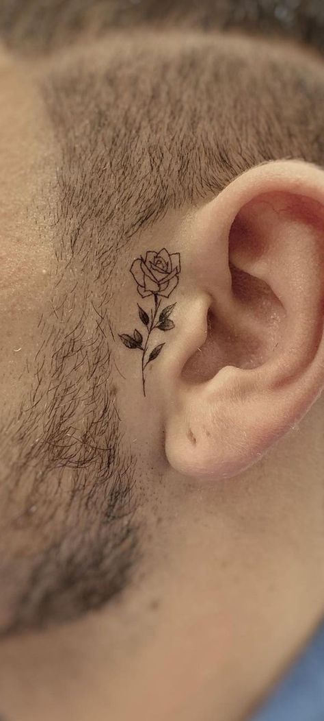 Small Rose Ear Tattoo, Rose Face Tattoo Men, Rose Neck Tattoo Men, Face Rose Tattoo, Small Face Tattoo Men, Rose Face Tattoo, Flower Tattoo Ear, Ear Tattoos For Men, Behind Ear Tattoo Men