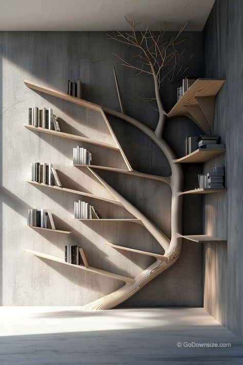 Library Modern Design, Modern Home Trends, Branch Shelves, Book Shelf Ideas, Bookshelves For Small Spaces, Unique Bookshelves, Creative Bookshelves, Wooden Things, Kids Room Interior Design