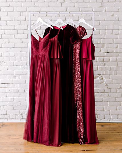 Red Bridesmaid Dresses Mismatched, Winter Wedding Bridesmaids Dresses, Jewel Tone Dresses Formal, October Bridesmaids, Cranberry Red Bridesmaid Dresses, Jewel Tone Bridesmaid Dresses, Berry Bridesmaid Dresses, Drake Wedding, Dark Red Bridesmaid Dresses