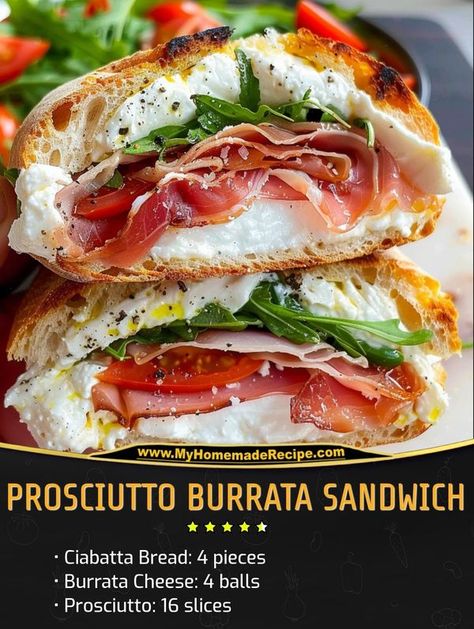 Family Cookbook | Prosciutto Burrata Sandwich | Facebook Burrata Recipe Sandwich, Prosciutto Burrata Sandwich, Easy Burrata Recipe, Chibata Sandwich Recipe, Cibatta Paninis, Ciabatta Sandwich Recipes, Ciabatta Sandwiches, Recipes Prosciutto, Burrata Sandwich