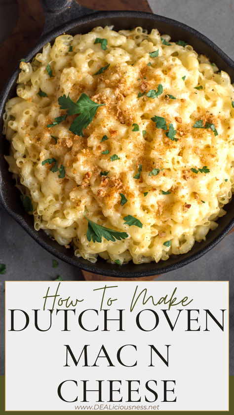 The Ultimate Dutch Oven Macaroni and Cheese is a luscious symphony of sharp cheddar, mozzarella, and Parmesan cheeses harmonized with a touch of Dijon mustard and garlic powder. This easy recipe transforms simple ingredients into a culinary masterpiece, ensuring a creamy, cheesy delight with each comforting bite.  Full Recipe At DEALiciousness.net Oven Macaroni And Cheese, Oven Mac And Cheese Recipe, Dutch Oven Mac And Cheese, Oven Mac And Cheese, Easy Mac And Cheese Recipe, Easy Dutch Oven Recipes, Cast Iron Skillet Recipes Dinner, Easy Mac N Cheese Recipe, Best Mac N Cheese Recipe