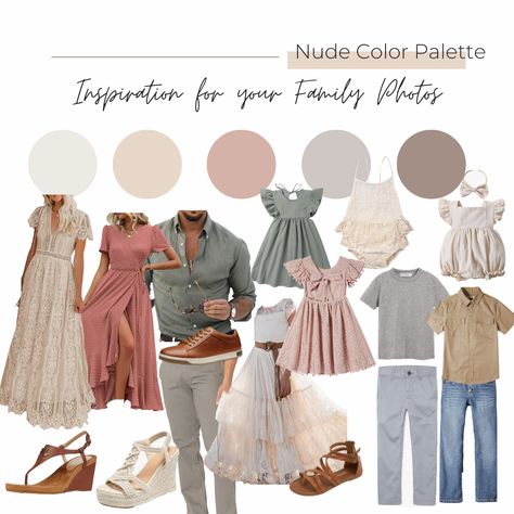 Nude Color Pallet Outfit Ideas for Photos Mauve Color Palette Family Pictures, Sage And Blush Family Photos, Family Photos Summer Color Schemes, Light Pink Family Photo Outfits, Dusty Rose And Sage Green Family Photos, Neutral Color Palette For Family Photos, Beach Photoshoot Color Scheme, What To Wear To A Photoshoot, Mauve Family Photo Outfits