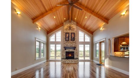 Interior Great Room 1 Plank Ceilings, Addition Plans, Vaulted Ceiling Lighting, Hunting Room, Addition Ideas, Rustic Window, Lighting Plan, Country Style House Plans, Ceiling Ideas