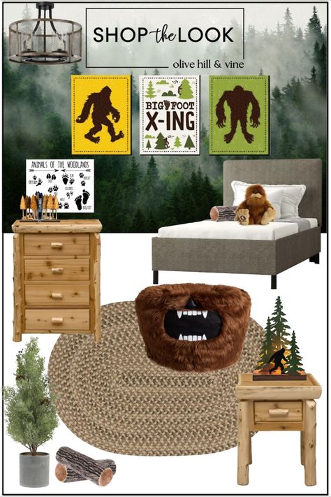 kids bedroom ideas | kids bedroom designs | kids bedroom boys | kids bedroom decor | kids bedroom ideas for boys | big foot themed bedroom Bigfoot Bedroom, Boys Outdoor Theme Bedroom, Bedroom Boys Kids, Kids Bedroom Ideas For Boys, Misty Forest Wallpaper, Outdoor Themed Bedroom, Bedroom Ideas Kids, Forest Themed Bedroom, Bedroom Ideas For Boys