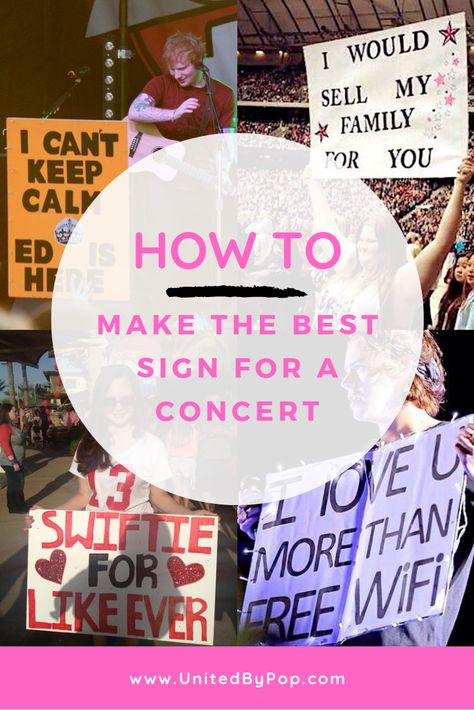 Need to make a fan sign for a concert? What about a light up concert sign? These tips, tricks, and ideas for concert signs will make sure yours will be seen from the stage! Taylor Swift Poster Ideas For Concert, Clever Concert Signs, Concert Signs Ideas Posters, Diy Concert Posters, First Concert Sign, Fan Banners Concert, Fun Concert Signs, Fan Made Concert Signs, Concert Posters Ideas Fan Taylor Swift