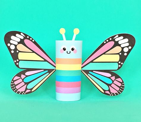 Rainbow Butterfly Paper Tube Craft - free color printable & "color your own" printable Butterfly Crafts For Kids, Cardboard Tube Crafts, Grandparents Day Crafts, Airplane Crafts, Insect Crafts, Bug Crafts, Puppet Crafts, Dinosaur Crafts, Fish Crafts