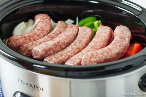 Crock Pot Sausage And Peppers, Sausage And Peppers Crockpot, Crockpot Italian Sausage, Crock Pot Sausage, Sausage Crockpot Recipes, Sausage And Peppers Recipe, Sausage Crockpot, Sausage Peppers And Onions, Freezer Cooking Recipes