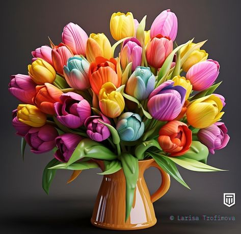 There is a bouquet in a vase, which seems to be assembled from the brightest colors of the rainbow. Multi-colored tulips delight with their bright colors and attract the eye with their beauty. The tops of the tulips, like blossoming kisses, create beautiful shapes and lines. They reflect the tenderness and grace of these beautiful flowers. Each tulip has its own unique color - from bright red and orange to delicate pink and pastel purple. Flowers blend smoothly into each other, creating a harmo Pastel Purple Flowers, Bouquet In A Vase, Beautiful Shapes, Colors Of The Rainbow, Red And Orange, Pastel Purple, Bright Color, The Rainbow, Unique Colors