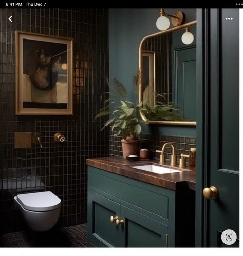 Showering Tips, Baby Shower Aesthetic, Shower Aesthetic, Moody Bathroom, Dark Green Bathrooms, Dark Bathrooms, Dark Home Decor, Shower Tile Designs, Downstairs Bathroom