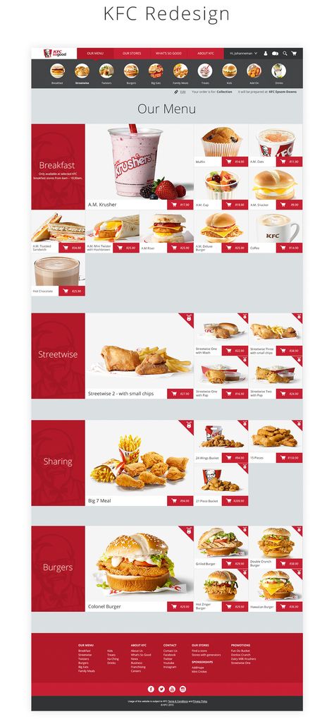 While at OgilvyOne Johannesburg, we were commisioned to create and develop a fully responsive website for KFC South Africa, with online ordering in mind. We used flat design and a modular system to bring this to life.Client: KFCAgency: OgilvyOneRole: … Kfc Menu Board, Food Truck Design, Menu Board, Exotic Food, Website Redesign, Online Ordering, Truck Design, Responsive Website, Modular System