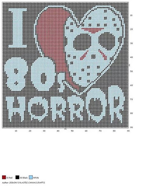 I LOVE 80s HORROR by JODON'S PLASTIC CANVAS CRAFTS -- WALL HANGING Freddy Krueger Cross Stitch, Cross Stitches Patterns, Plastic Canvas Horror, Plastic Canvas Art, Horror Perler, Horror Pixel Art, Pixel Art Horror, Horror Cross Stitch, Halloween Cross Stitch Patterns