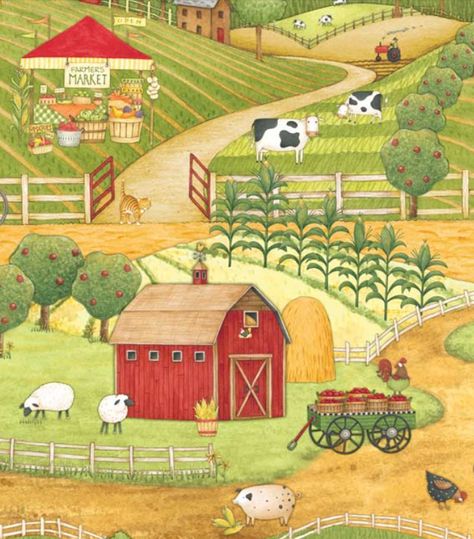 My Life on the Farm fabric Happy Monday Morning, Debbie Mumm, Americana Art, New Garden, Farm Art, American Folk Art, Naive Art, Folk Art Painting, Country Art