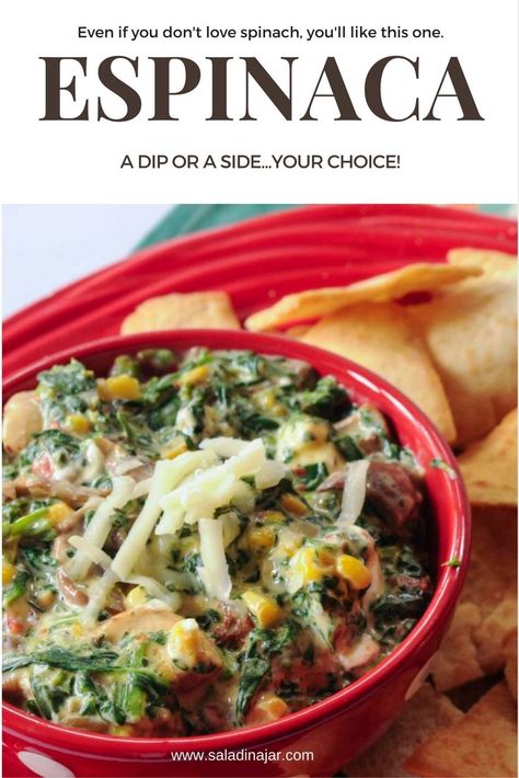 spinach, corn, cheese, Mexican, party, dip, side dish, veggie, vegetable, Mexican Spinach, Spinach Casserole Recipes, Spinach Side Dish, Taco Side Dishes, Spinach Casserole, Mexican Side Dishes, Corn Cheese, Party Dip, Salad In A Jar