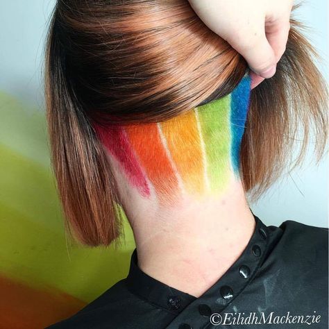 Rainbow Undercut Hair, Rainbow Roots Hair, Undercut Hair Dye, Rainbow Undercut, Dyed Undercut, Phoebe Hair, Hidden Rainbow Hair, Color Wow Dream Coat, Wow Dream Coat