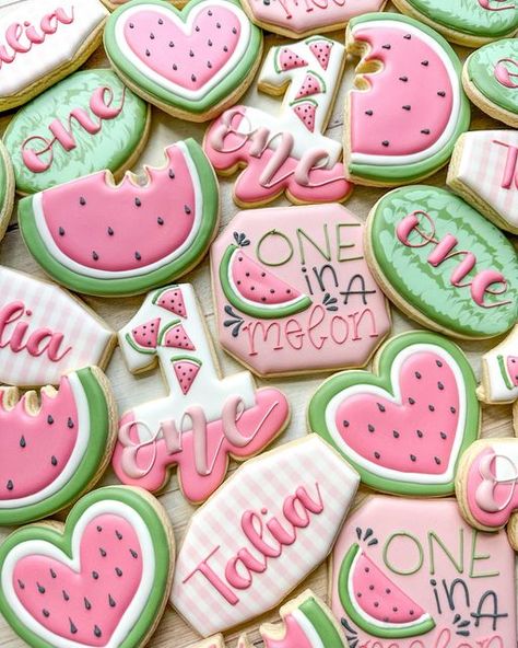 Emily’s Bake Shop on Instagram: "One in a Melon 🍉 such a sweet summery theme for a first birthday! Absolutely loved the color scheme here! • • #emilysbakeshop #customcookies #decoratedcookies #firstbirthdaycookies #njbaker #njcookies #oneinameloncookies #oneinamelon #watermeloncookies #sugarcookiedecorating #sugarcookiemarketing" Watermelon Cookies, First Birthday Cookies, Watermelon Birthday Parties, First Birthday Favors, Watermelon Cake, Watermelon Party, Watermelon Birthday, First Birthday Party Themes, One In A Melon