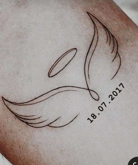 Date Tattoo Ideas With Angel Wings, Angel And Date Tattoo, Angel With Date Tattoo, Angel Date Tattoo, Angel Wings With Dates Tattoo, Angel Wing With Date Tattoo, Angel Wings Date Tattoo, Date With Wings Tattoo, Heart With Wings And Halo Tattoo