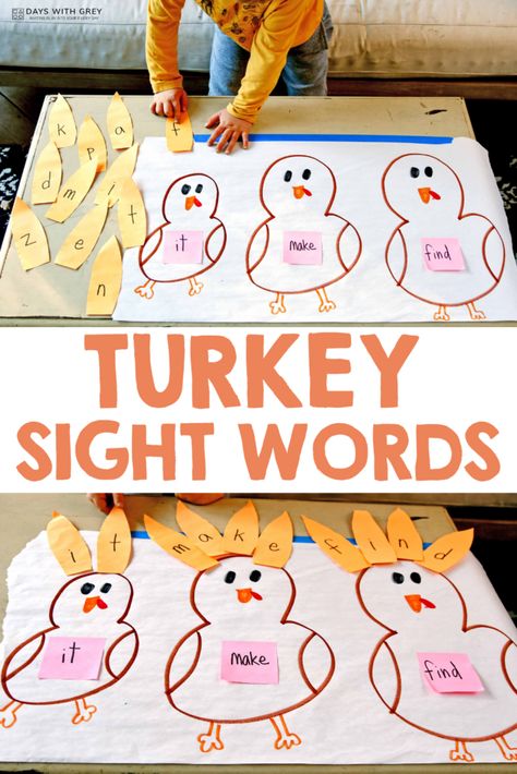 Kindergarteners practice spelling and sight words with paper turkeys November Sight Word Activities, Turkey Sight Words, November Kindergarten Activities, Kindy Classroom, Sight Word Practice Kindergarten, Turkey Kindergarten, Paper Turkeys, Thanksgiving Learning Activities, Thanksgiving Language Arts