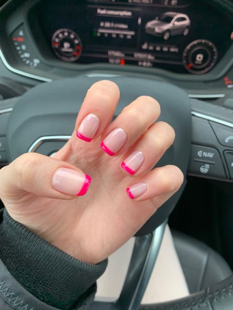 neon pink french manicure Gel Nails French Tip Pink, French Manicure With Hot Pink Tips, Pink Tip French Manicure Square, Short Colored Tip Nails, Dip Powder Nails French Tip Color Pink, Pink Tip Manicure, Hot Pink French Tip Short Nails, Pink With Red Tip Nails, Pink And Red Tip Nails