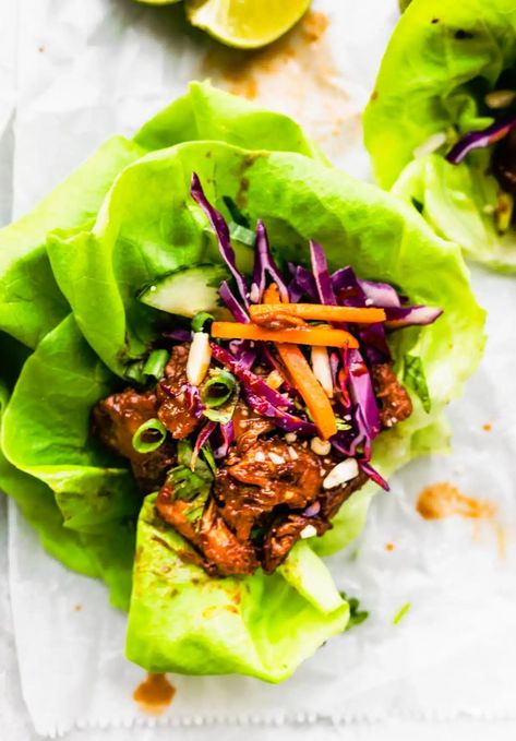 These BBQ Asian Pork Lettuce Wraps are cooked in the Instant Pot or on the stovetop and served in lettuce wraps with purple cabbage, crushed nuts, and fresh cilantro. Easy to meal prep, they’re sweet, tangy, and perfect for lunch or a light summer dinner! Pork Lettuce Wraps Asian, Pork Belly Lettuce Wraps, Asian Pork Belly, Pork Loin Ribs, Light Summer Dinners, Gluten Free Bbq, Pork Wraps, Sticky Pork, Pork Lettuce Wraps